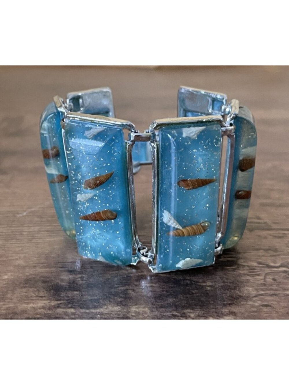 Vintage 1950s Panel Bracelet Blue Confetti Lucite Seashells Silver Tone Wide - Picture 12 of 16